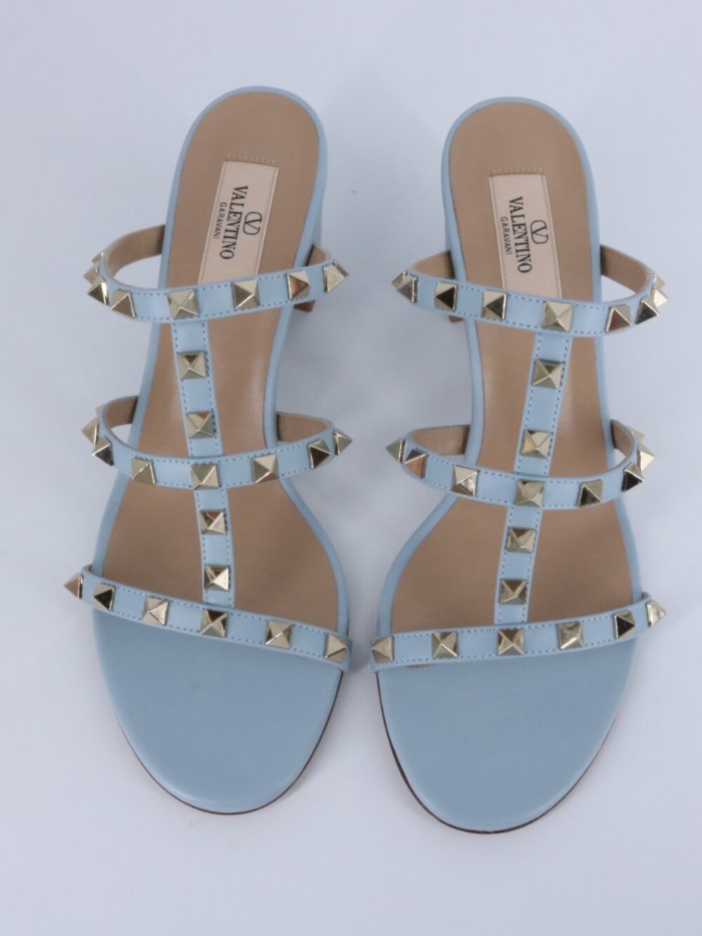 Valentino 40 Porcelain Blue Gold Cage Rockstud 60mm Classic Heels Sandals E938 - Picture 8 of 15
